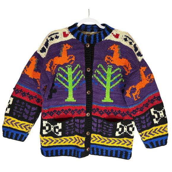 Inca Trail Handmade Ecuador 100% Wool Cardigan Sweater Sz S Horses Equestrian - Picture 1 of 10